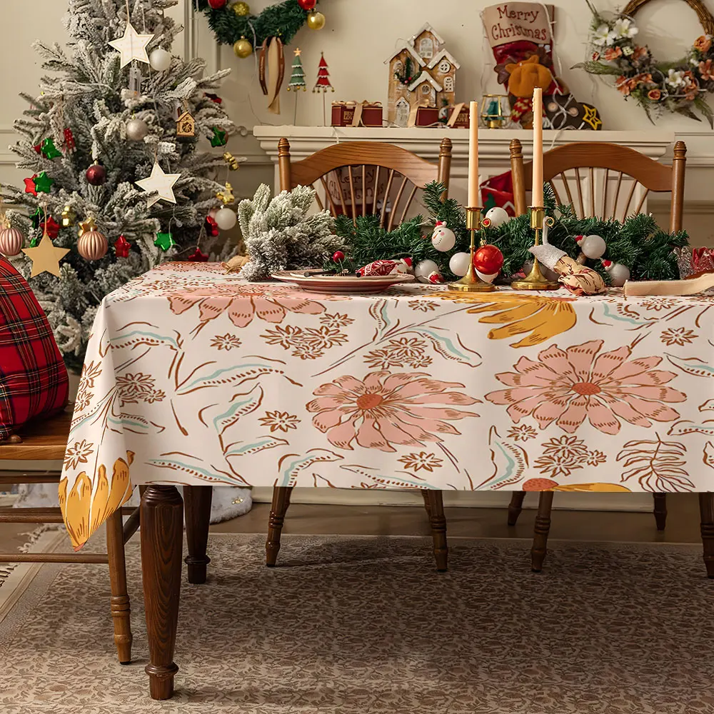 Peach Floral Swirl Waterproof table cloth, splash-proof tablecloth, for party, Halloween, Christmas, dining, camping