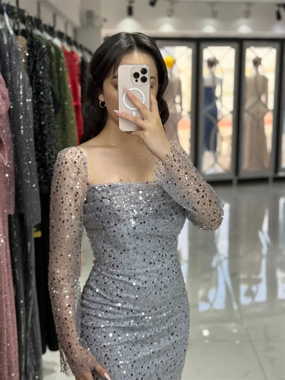 Cathy Customized Sliver Sequins Mermaid Prom Dress Square Neck Long Sleeves vestidos de noiva Detachable Train Evening Dresses