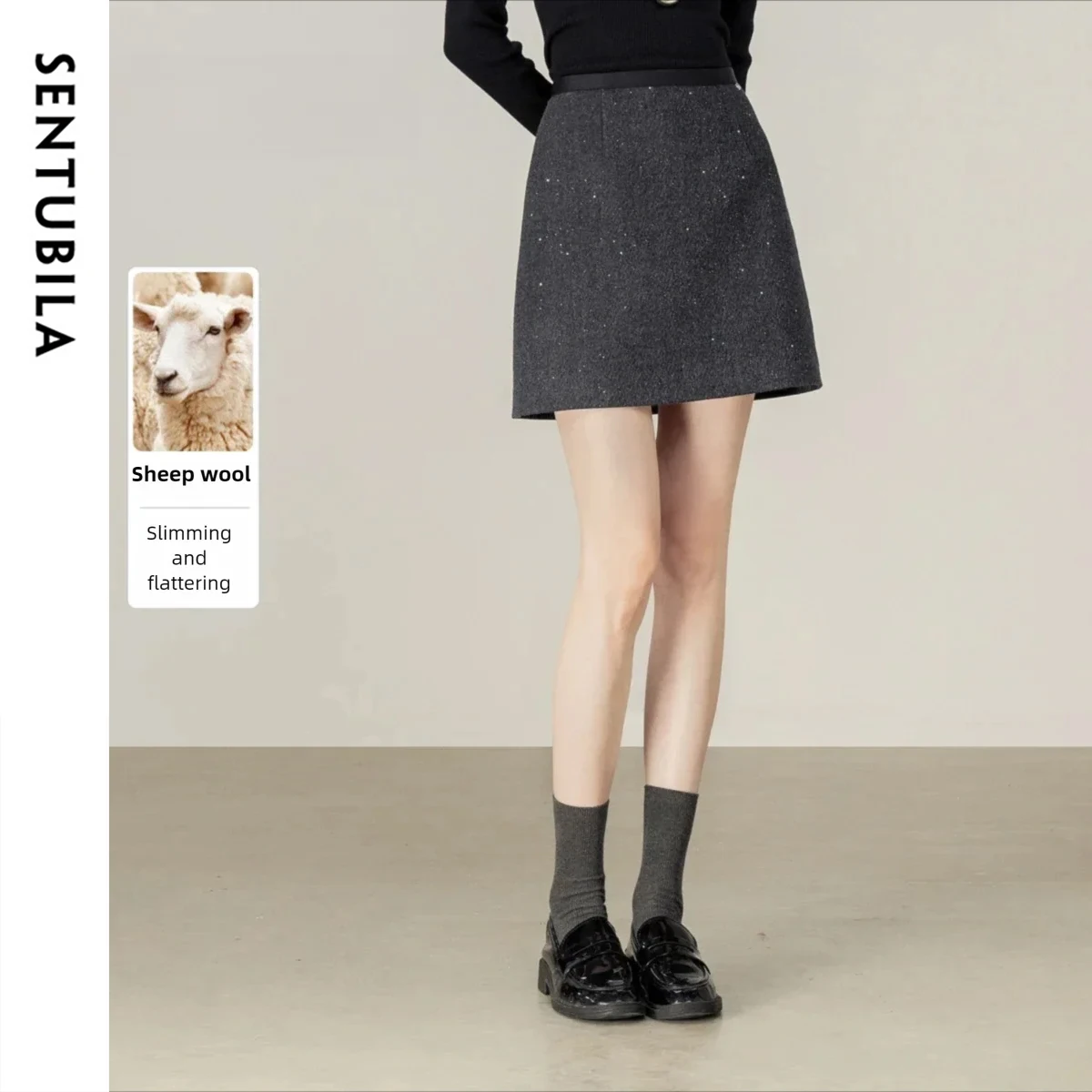 SENTUBILA Women's Wool Blend Mini Skirt 2026 Winter New A-Line Loose Soft Thick Warm Silver Sequin Casual Skirt Lady 154Q80358