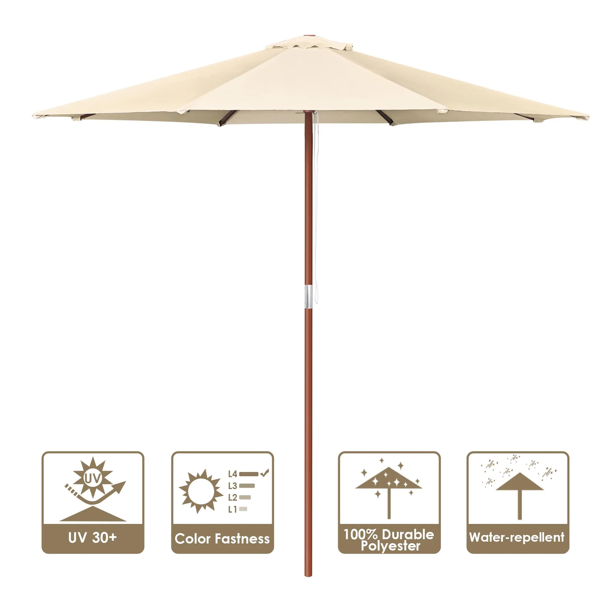 Stylish Wooden Umbrella 9 ft Patio Umbrella features wooden ribs and pole - Aluminum Frame Market Umbrella For Backyard, Deck