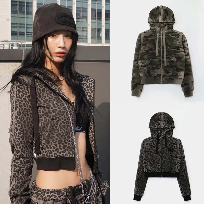 

Camouflage Hooded Cardigan Short Hoodie Sports Pants Set Women's Spring Autumn Retro Fashion Street Trend Sports Wide Leg Pants
