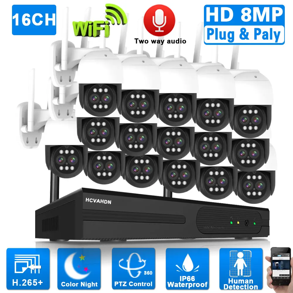 CCTV Camera Wifi System 4K 16CH NVR Kit Outooor Color Night Vision 10X Zoom Dual Lens Wireless PTZ Camera Surveillance Kit 8CH