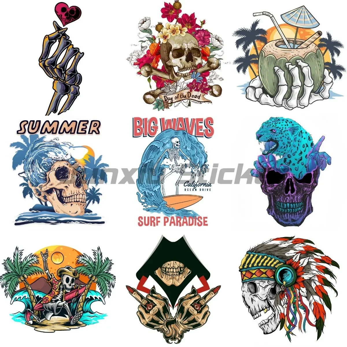 

Funny Art Beach Wave Skeleton Flower Decals Motorcycle Truck Helmet Bumper Motorcycle Decals Laptop Wall Room Book Stickers