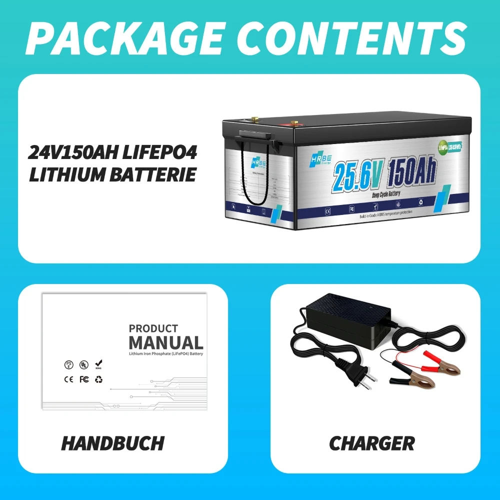 24V 150Ah LiFePO4 Battery,Lithium Battery with 100A BMS,6000+Deep Cycle,Max.3840W Load Power,for RV,Golf Trolley,Solar,Marine