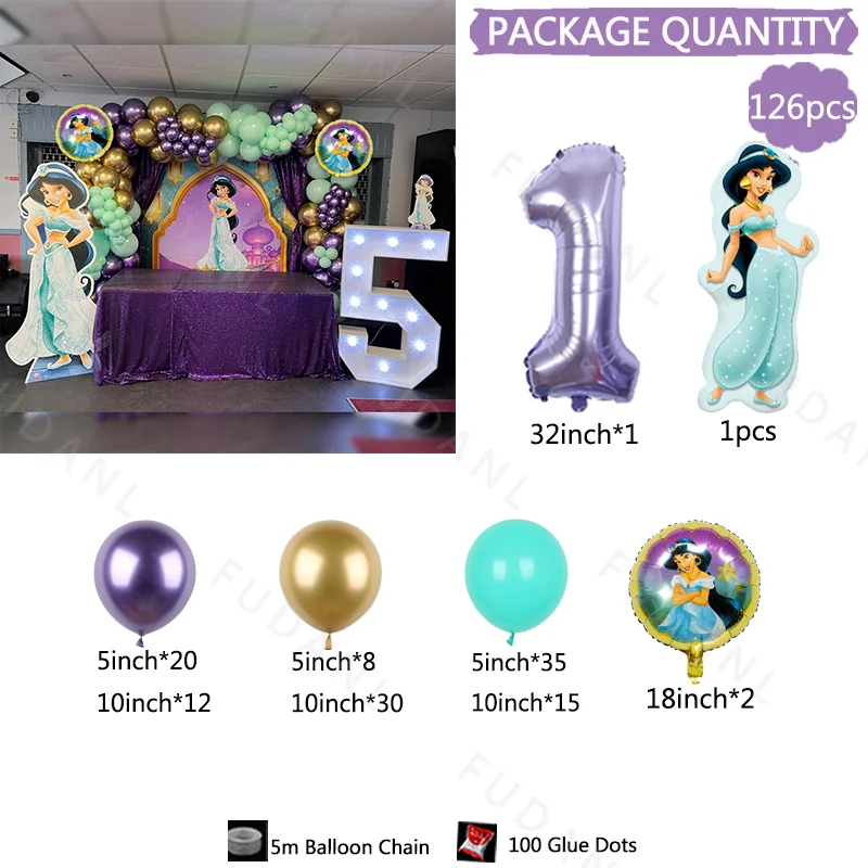 126pcs Disney Aladdin Jasmine Girl Birthday Party Foil Balloons Decors Supplies Princess Jasmine Gift Balls Kid Toys Baby Shower