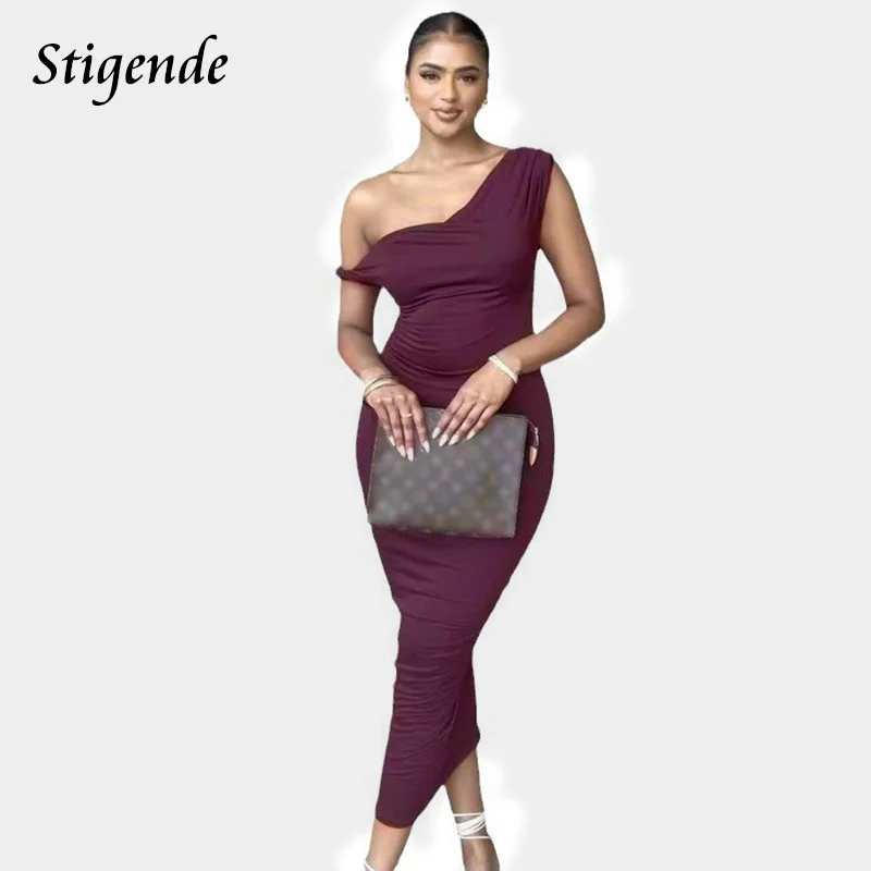 Stigende Sexy Slash Neck Burgundy Midi Dress Women One Shoulder Slim Fit Party Elegant Dresses