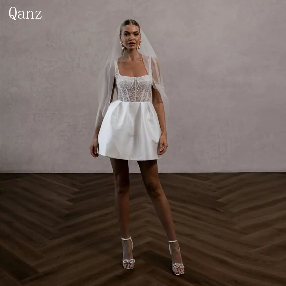 

Qanz Pearls Satin Short Wedding Dresse Spaghetti Straps Above Knee Length Bridal Gowns Robe De Mariage 2024 Cooktail Party Dress