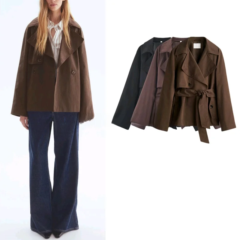 

Новая осенняя женская ветровка в американском стиле, куртка с поясом и двойной пуговицей, воротник с вырезом 282726