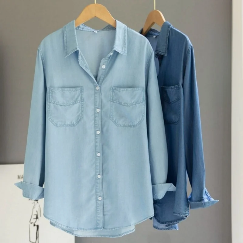 

Light Blue Solid Casual Loose Cotton Denim Shirts For Women 2024 Casual Ladies Tops Long Sleeve Jeans Blouses Clothing Camisas