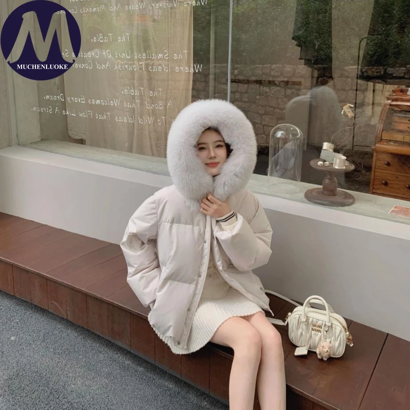 여성용 후드 겨울 다운 재킷 우아한 모피 칼라 두꺼운 캐주얼 루즈 숏 한국 패션 파카 따뜻한 코트