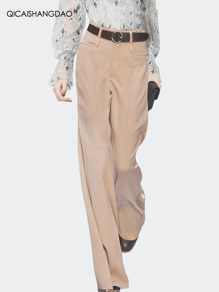 Office Ladies Spring Autumn Brown Suit Pants High Waist Front Pleated Loose Plus Size Straight Pants Long Trousers With Belt