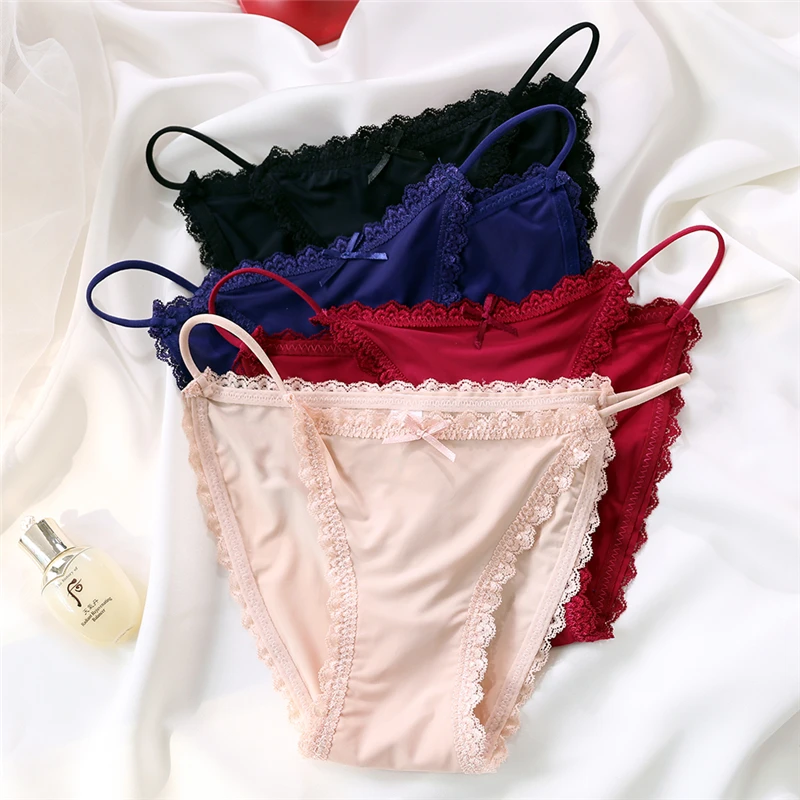 Ice Silk Women's Panties Lace Low Waist Sexy Thong Underwear Summer Solid Color Briefs Bikini G-String Ladies Lingerie image 2
