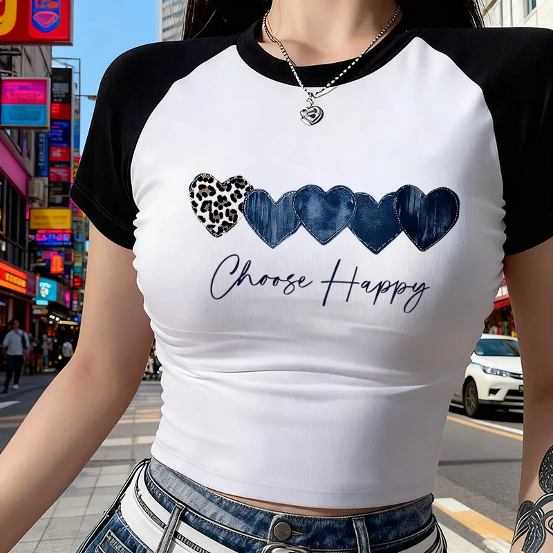 90s Featuring A Heart Shaped Print with Leopard and Denim Textures Cropped T Shirt for Woman Choose Happy Short Sleeve Crop Tops