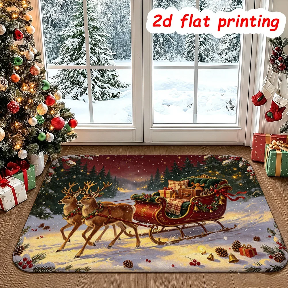 Beautiful Blue Sky Welcome Rug Non-slip Santa Claus Sleigh Doormat Cute Fawn Snowman Area Rug Holiday Room Floor Mat