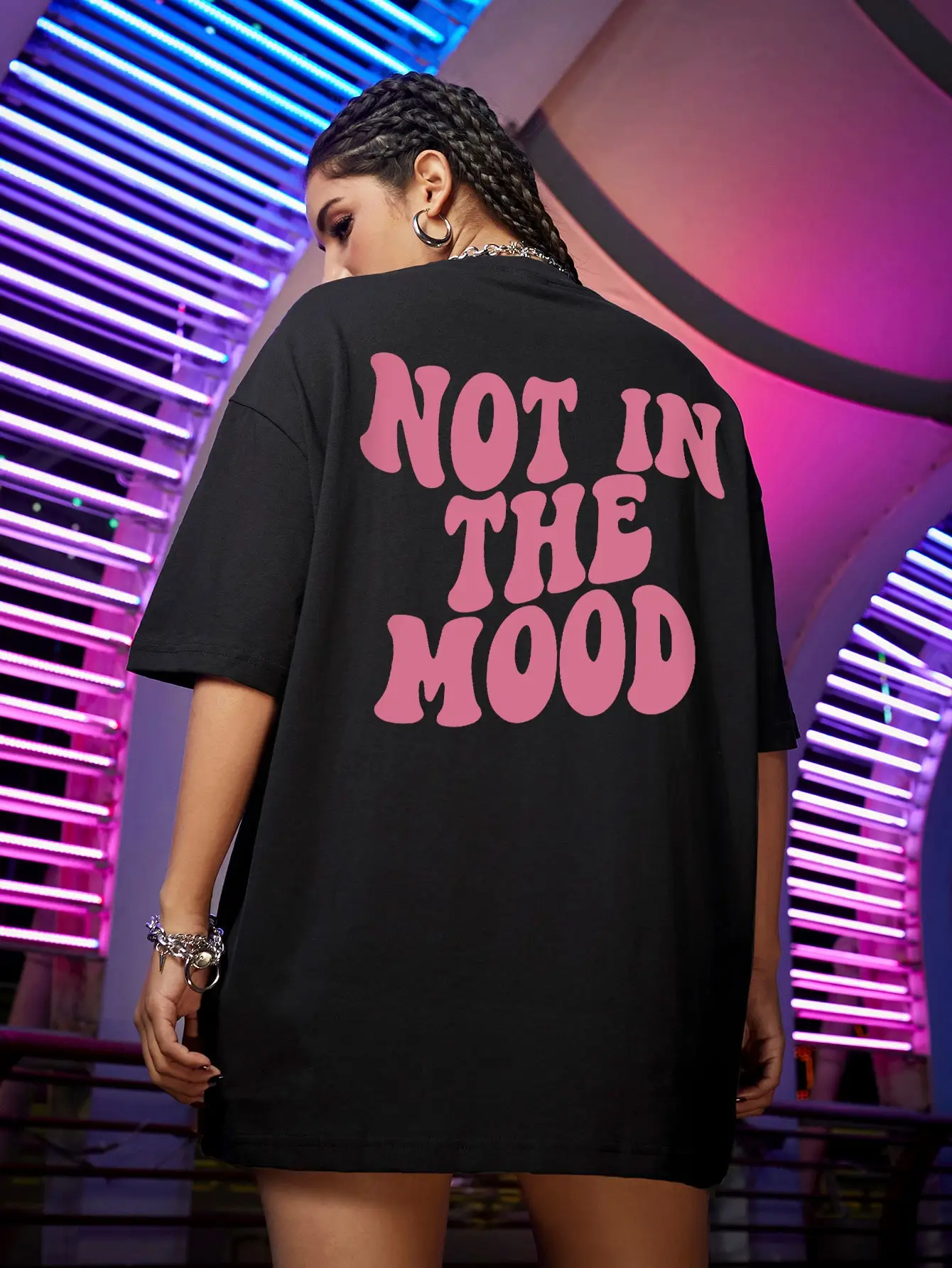 Not In The Mood Pink Letter Print T-Shirts Women 100% Cotton Shoulder Drop Short Sleeve Loose Oversized Tee Shirt Hip Hop Tops