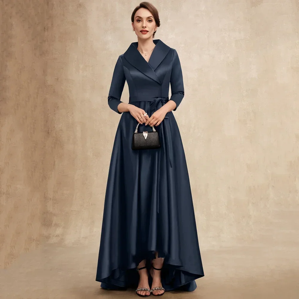 

Modern Style A-Line Ruffles Mother Dresses Classic Satin V-Neck Three Quarter Sleeve Floor-Length Bow Belt Wedding Guest Gowns