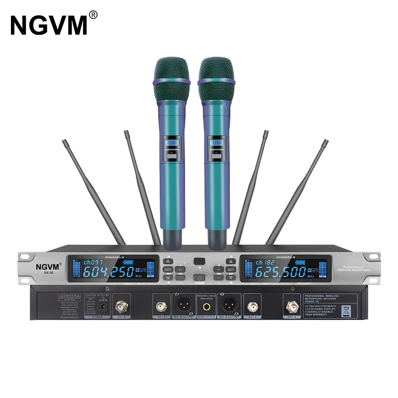 

NX-88 Wireless Microphone System True Diversity UHF Long Distance Signal Transmission 2 Channel Singing Teaching Microphone