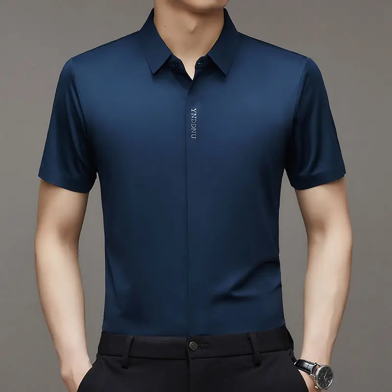 Summer Smart Casual Short Sleeved Men\'s Shirt Men\'s Solid Square Neck Button Embroidered Letter High End Wrinkle Resistant Tops