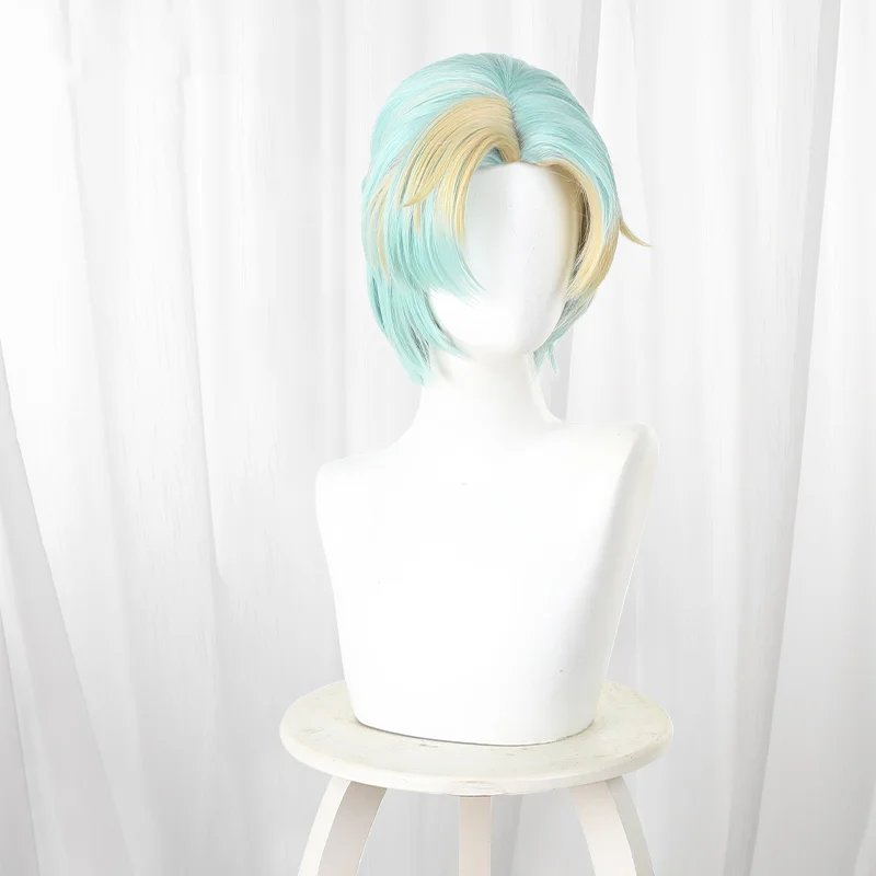 Game Yuri Cosplay Wig Yuri Light cyan wig with pale yellow highlights Short Cosplay Hair For Comicon Party Adult Women Men