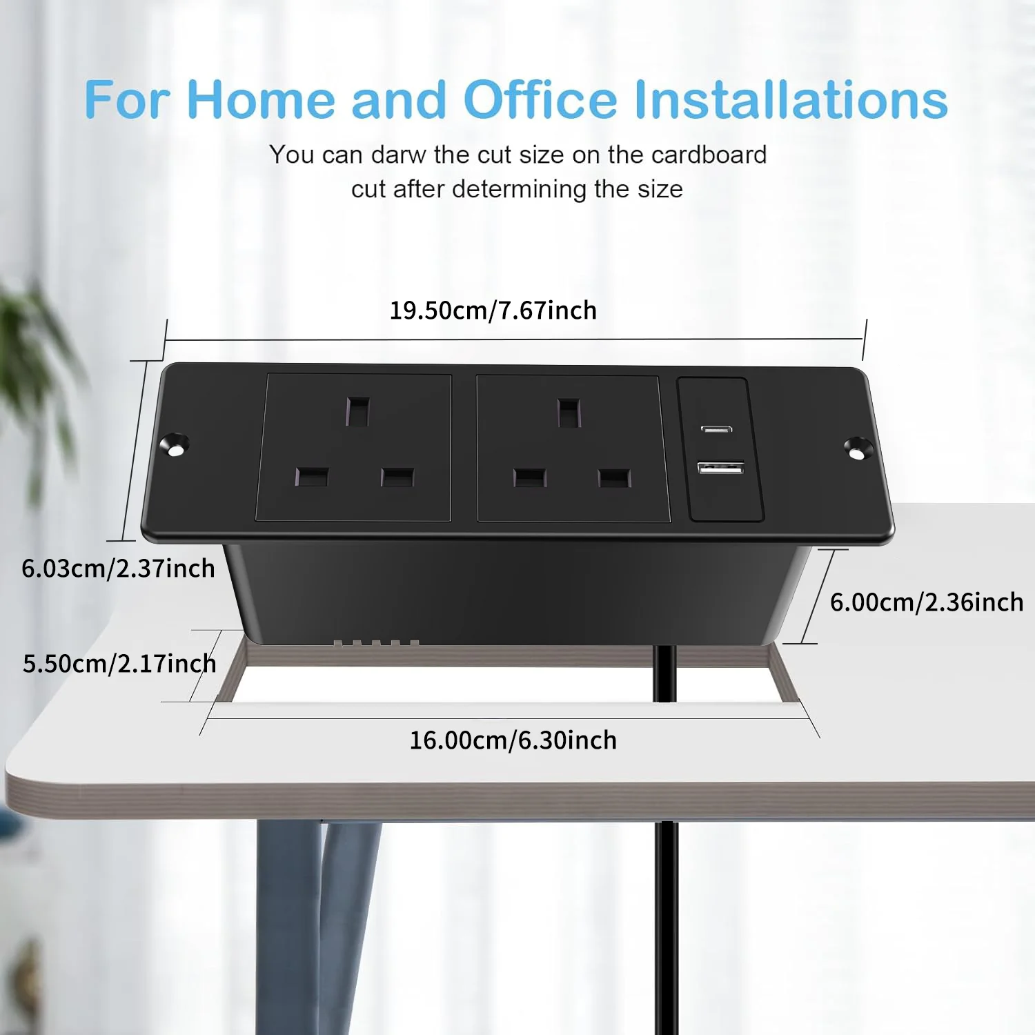 UK Standard Recessed Desktop Power Strip 2 AC Outlets USB C USB A Flat Plug Mounted Hidden Socket for Desk Table Sofa Cabinet