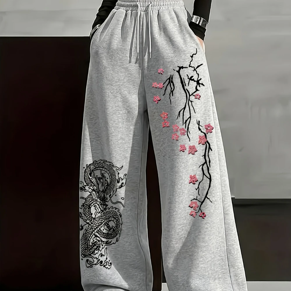 Ladies' Casual Hip-hop Street Style Personalized Street Dragon Totem and Plum Blossom Print Sports Sweatpants Sports Pants