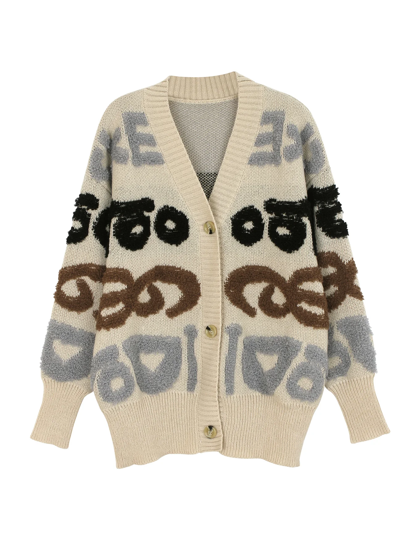 Mid length letter jacquard knitted sweater with cardigan jacket for spring, autumn, and winter