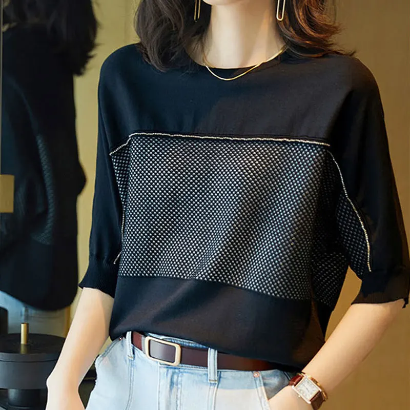 Summer Casual Batwing Sleeve Loose T-shirt Korean Solid Color Spliced Female Clothing Fashion Diamonds O-Neck Knitted Pullovers