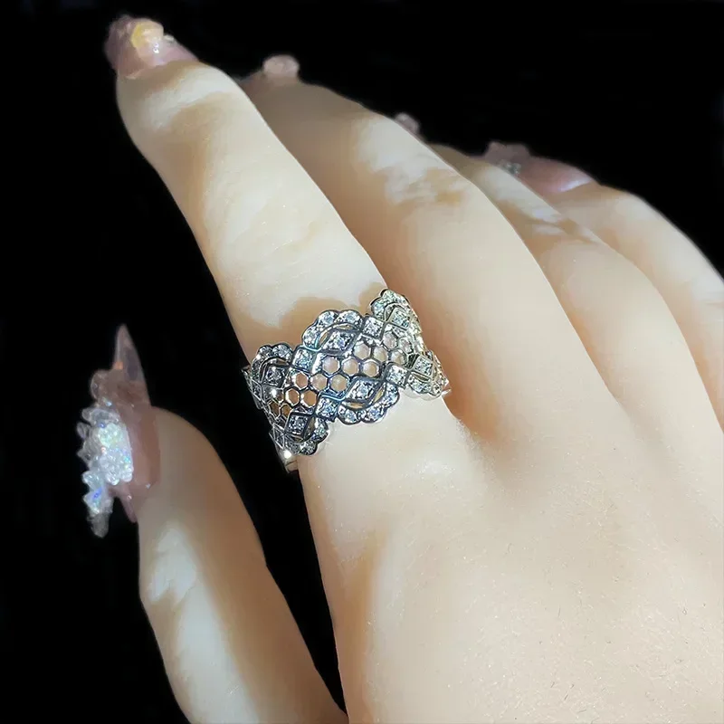 High Quality Luxury MDL Moissanite Style Lace Medieval Wide Ring Light Luxury Personalized Niche Fashion Adjustable Rings