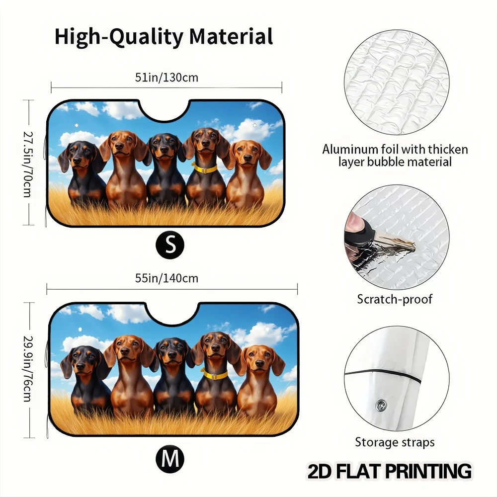 2D Flat Printing, 1pc Foldable Car Sunshade With Dachshunds In Sunny Field Design, Universal Fit For Vacation Travel, Ocean Side