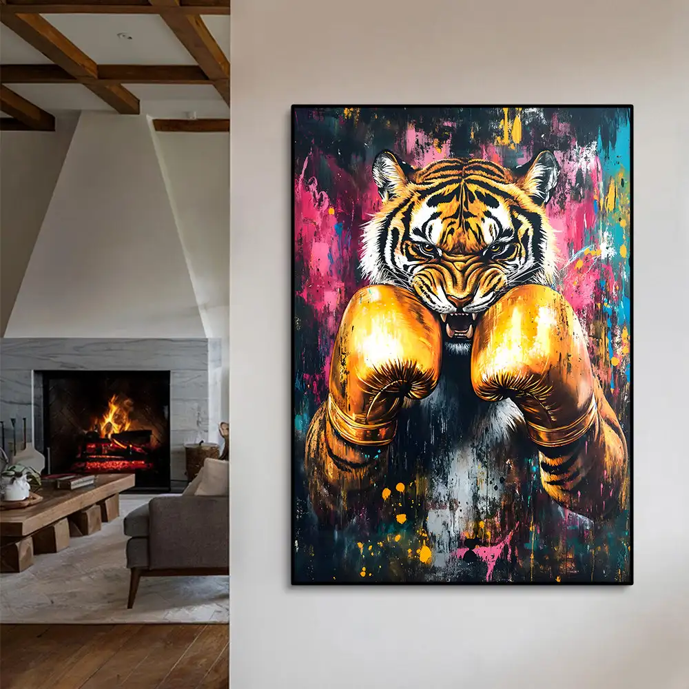 Ferocious Boxing Gorilla Tiger Lion Canvas Art - Vibrant Graffiti Style Wall Decor Eye-Catching Golden Gloves Wild Animal Poster