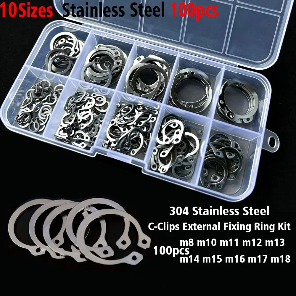 100-piece C-clamp Outer Retaining Ring Kit, 304 Stainless Steel Coil Shaft Sorting Kit M8 M10 M11 M12 M13 M14 M15 M16 M17 M18