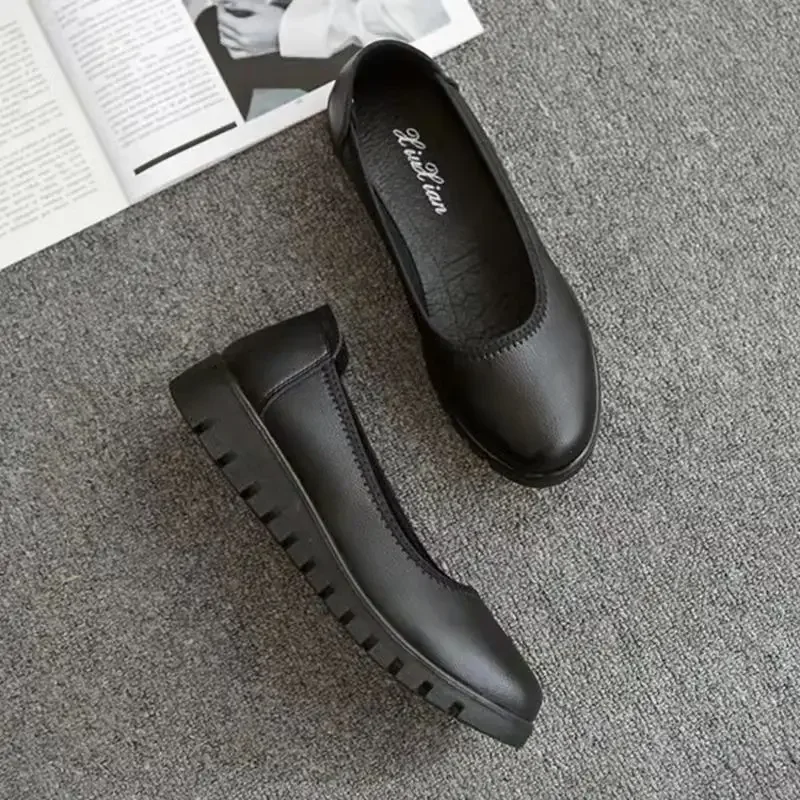 Shoe for Women Soft Leather Black Shoes Flat Shoes Thick Sole Flat Shoes Professional Shoes Work Shoes Women\'s Mother Shoes