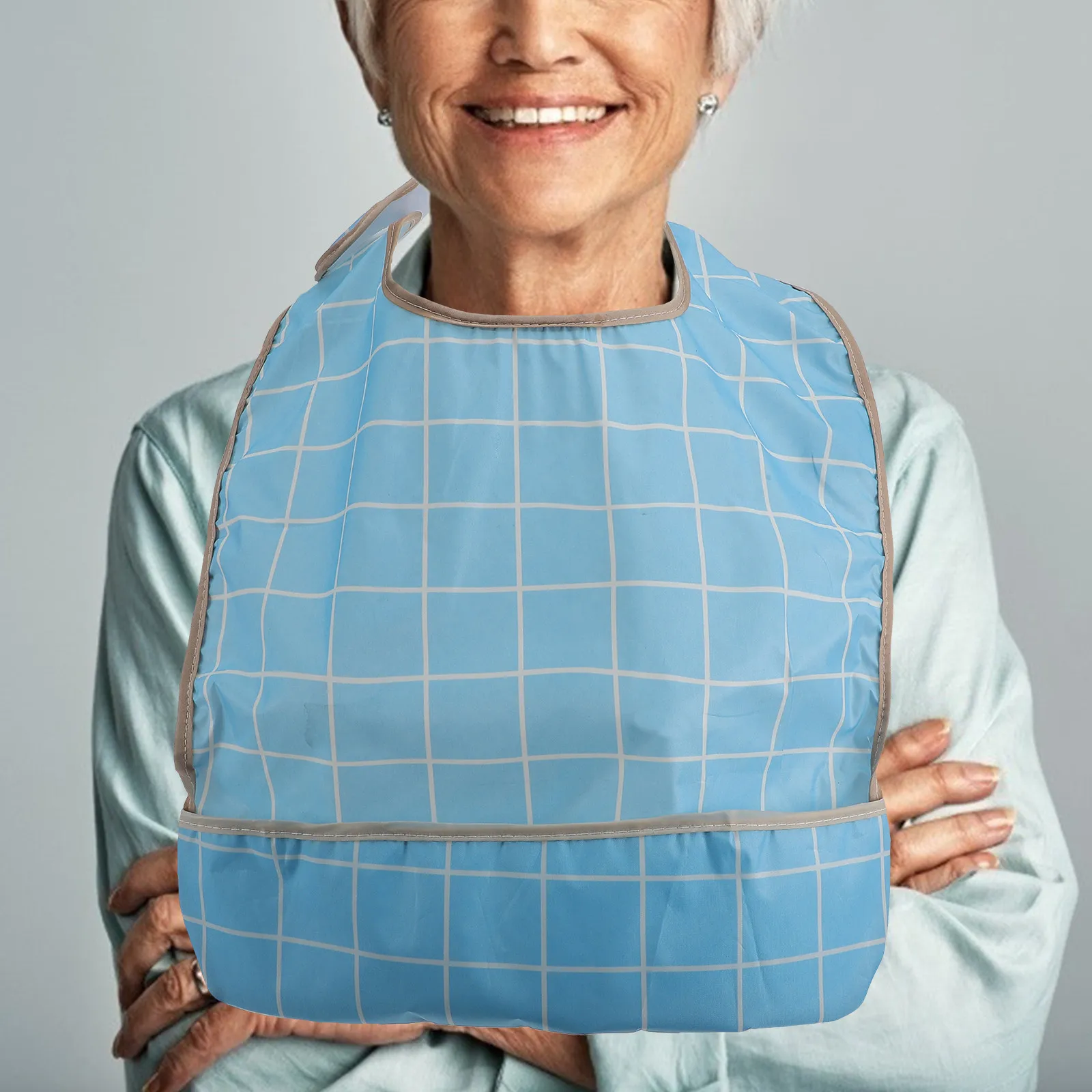 2Pcs Silicone Waterproof Adult Bib Adjustable Polyester Eating Apron Reusable Washable Rice Pinafore for Elderly Mealtime