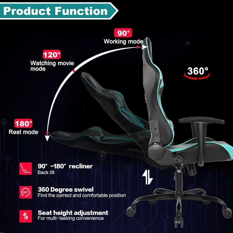 Кресло для видеоигр с подголовником и поясничной подушкой, регулируемое настольное кресло для офиса и учебы с высокой спинкой (BK/Mint)