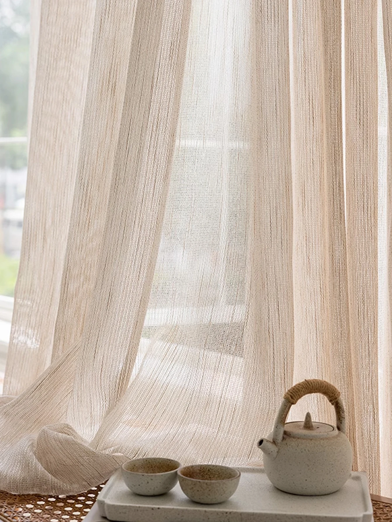Sheer Curtain beige linen Japanese Korean style Mori Style Luxury 100% Polyester   Sheer Curtain for House Living Room Bedroom