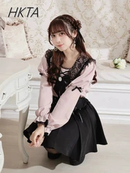 2024 Autumn New Japanese Mine Series Mass-produced Lolita Shirt Cute Doll Collar Splicing Bow Lantern Long-sleeved Blouse Top