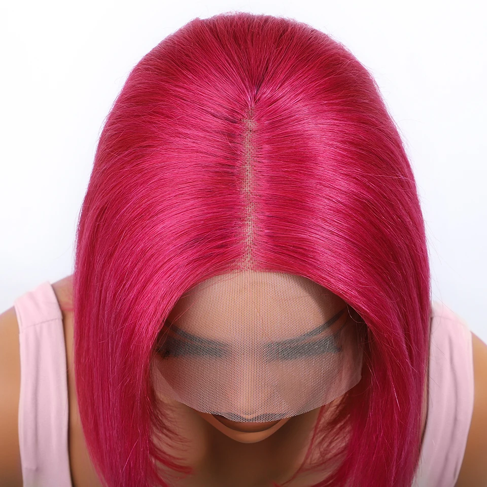 Lekker Red Pink 100% Human Hair Wigs Long Pixie Cut Straight Bob Middle Part La… - Image 5