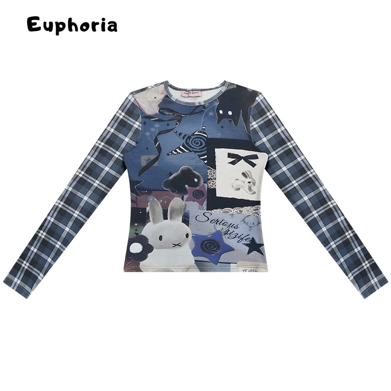 تي شيرت Euphoria Y2K غير رسمي منقوش بأكمام طويلة ورقبة مستديرة تي شيرت نسائي صيفي موضة 2000S تي شيرت علوي