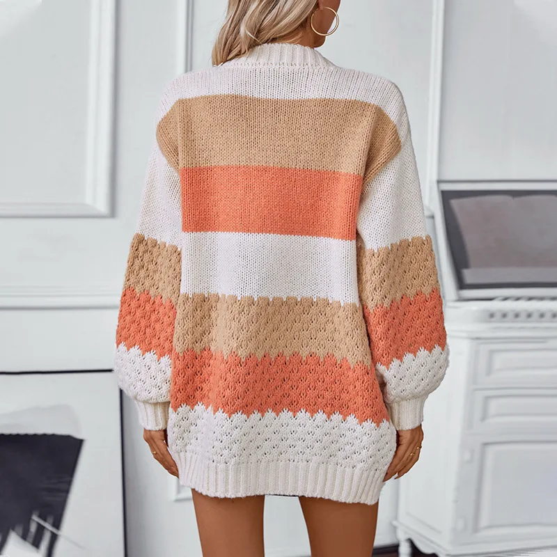 Color blocking striped European and American sweater cardigan women's autumn and winter new casual loose lantern sleeve knitted