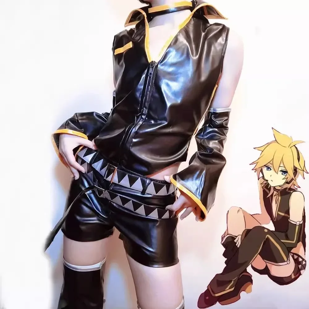 Len Anime Game Cosplay Costume Adult Unisex Leather PU Top Shorts Suit Halloween Punk Party Outfit Uniform Wig For Women Men