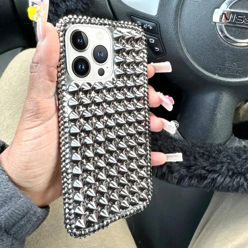 Fashion Full Metal Punk Spikes Studs Rivet Black Diamond Case Cover For Samsung Galaxy S25 24 23 22 21 20 Plus Note 20 Ultra FE