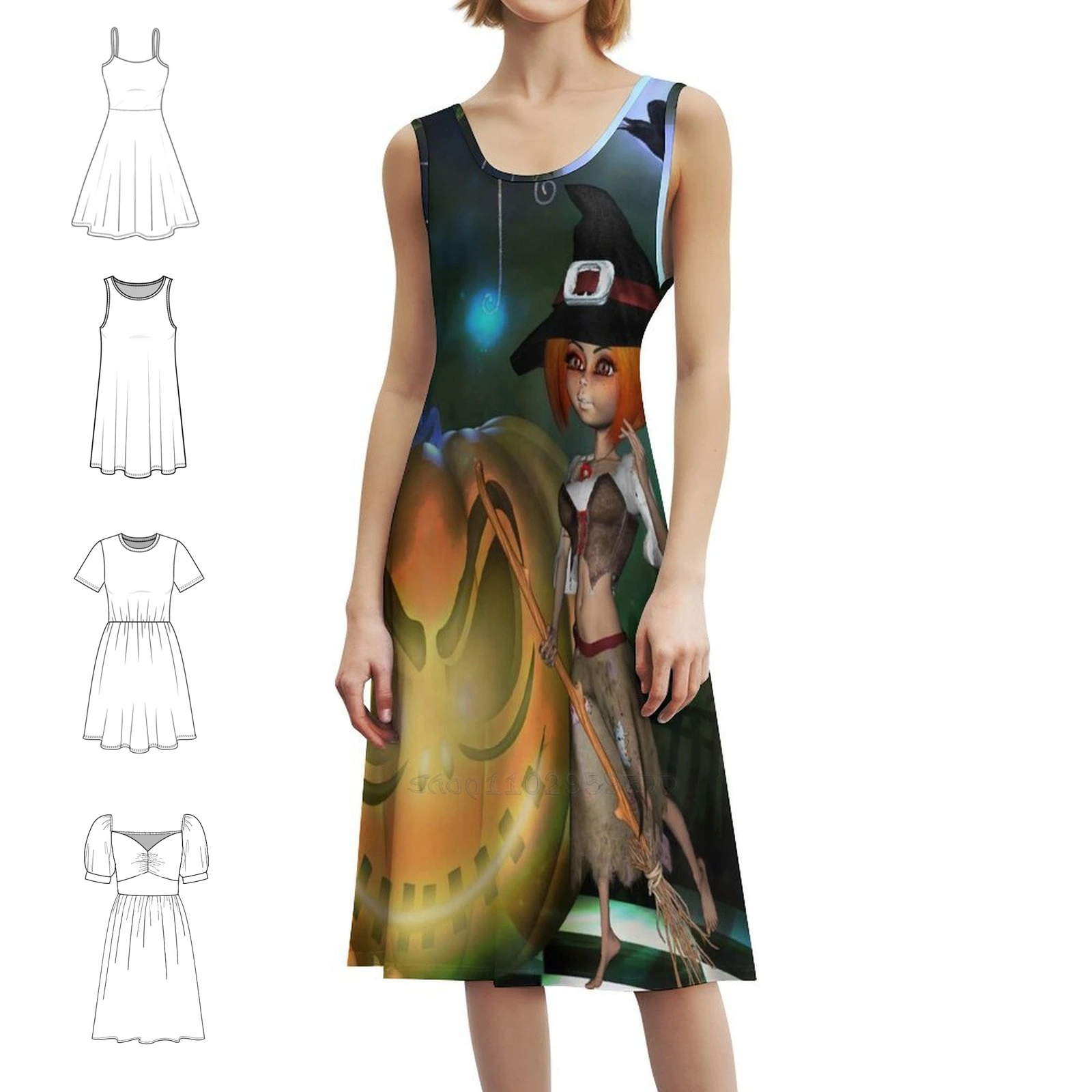 

Cute Little Witch With Pumpkin In The Night Bohemian Sleeveless Dress Multi-Print Beach Vacation Party Dress Halloween Pumpkin