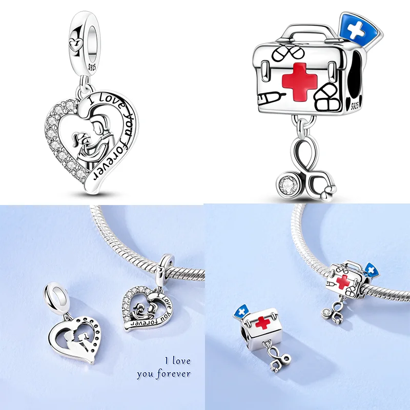 

925 Sterling Silver Medical Kit Stethoscope Charms Bead CZ Zirconium Heart Dangle Fit Original Bracelet DIY Women Jewelry Gift