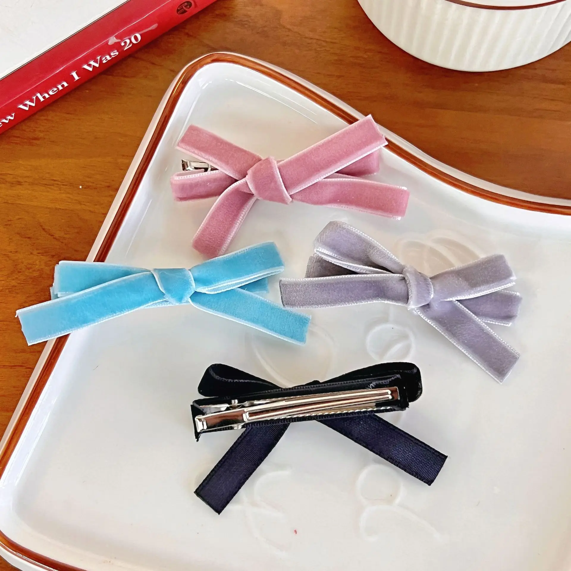 2PC Korean Style Velvet Bow Hairpin Set Solid Color Simple Hairgrip for Girls & Women Vintage Hair Clips Accessory
