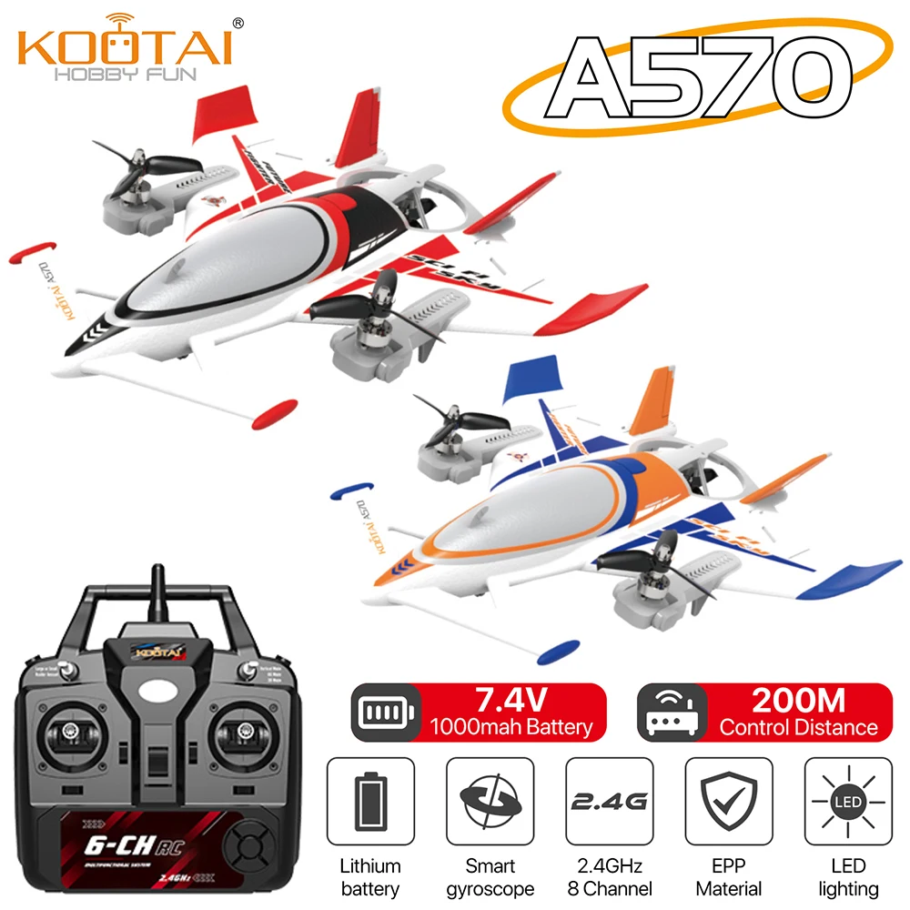 KOOTAI A570 RC Avião 8CH Planador Avião vetorial de 3 eixos 1000mAh EPP Giroscópio de 6 eixos sem escova Avião de pouso vertical para decolagem