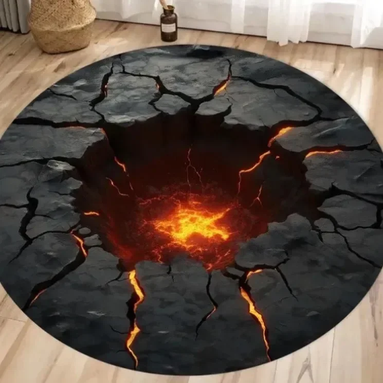 VIKAMA 3D Cracked Lava Hole Round Rug Volcano Optical Illusion Flannel Non Slip Gaming Room Creative Floor Decor Mat