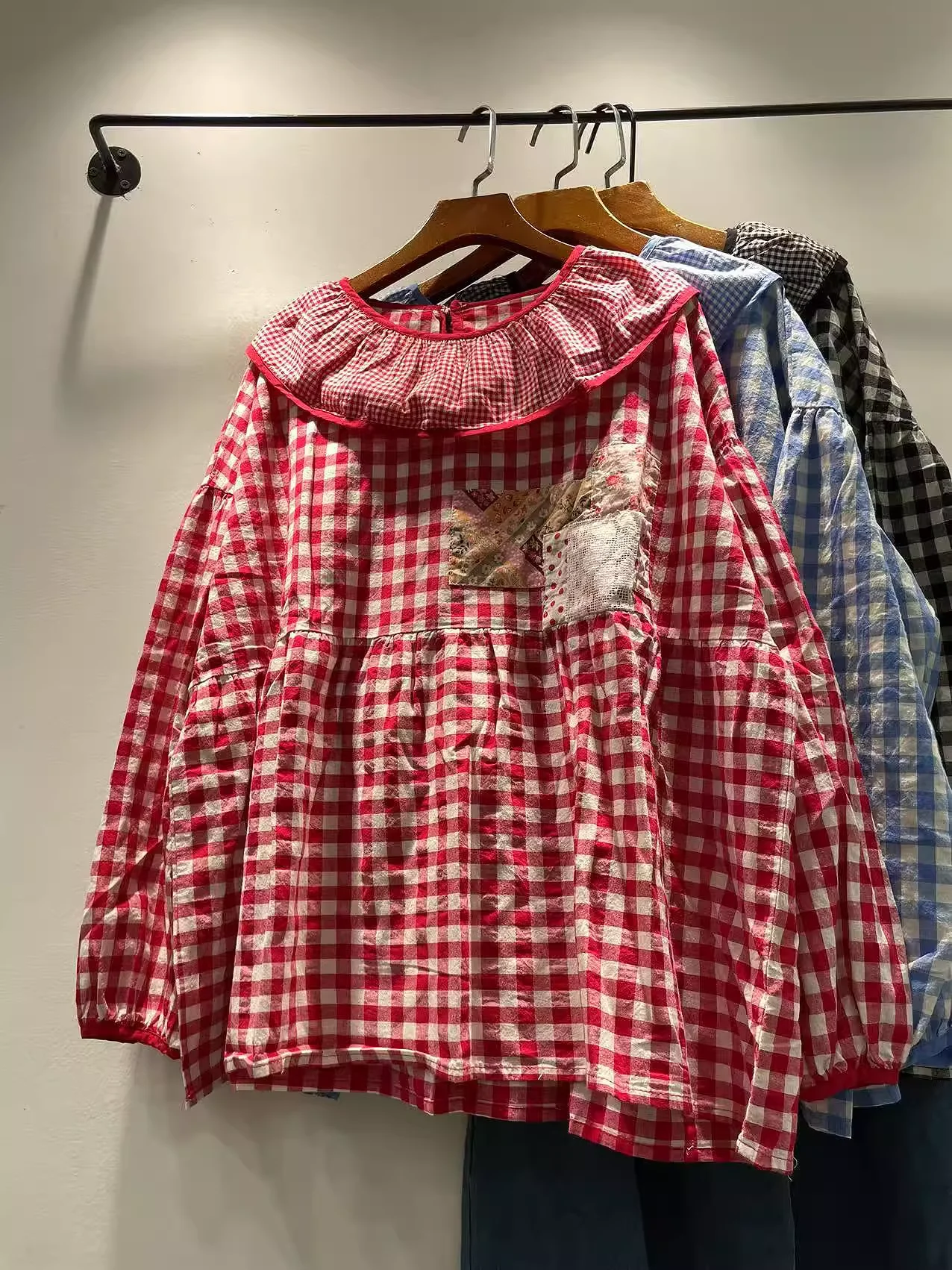 

New autumn Japanese mori girl 100% cotton red blue black plaid shirts long sleeve blouses for women sweet large size tops
