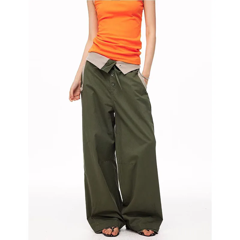 Spring Autumn Unisex Loose Roll Waist Drawstring Drawstring Wide Leg Pants Lady Draped Designer Style Trendy Long Trousers