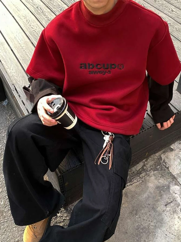 

Красный мужской пуловер с вышивкой и высоким воротником, одежда Y2k, винтажная толстовка 90-х годов, хлопковые простые S-толстовки для мужчин