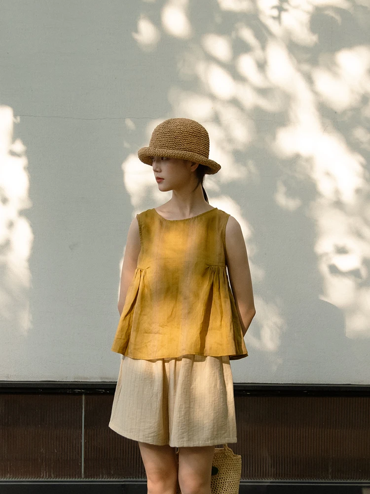 

TICOTIKOO Vintage round Ne Summer Refreing Simple Flax Svel irt Yellow Top Women's Loose Fit Casual irt